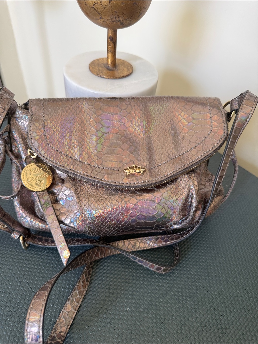 Juicy Couture Iridescent Bronze Snake-Embossed Crossbody Bag Vintage Gold Crown